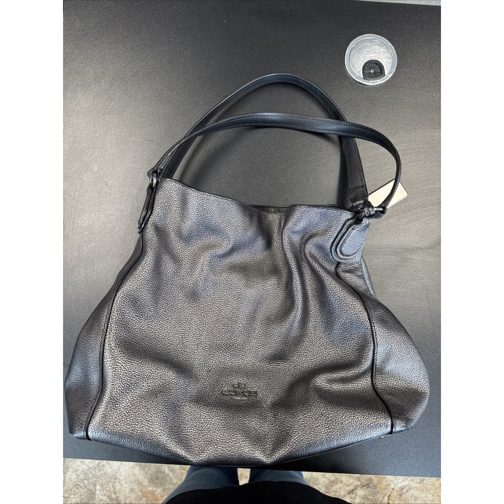 Coach Edie: Metallic Black Pebbled Leather Shoulder Bag